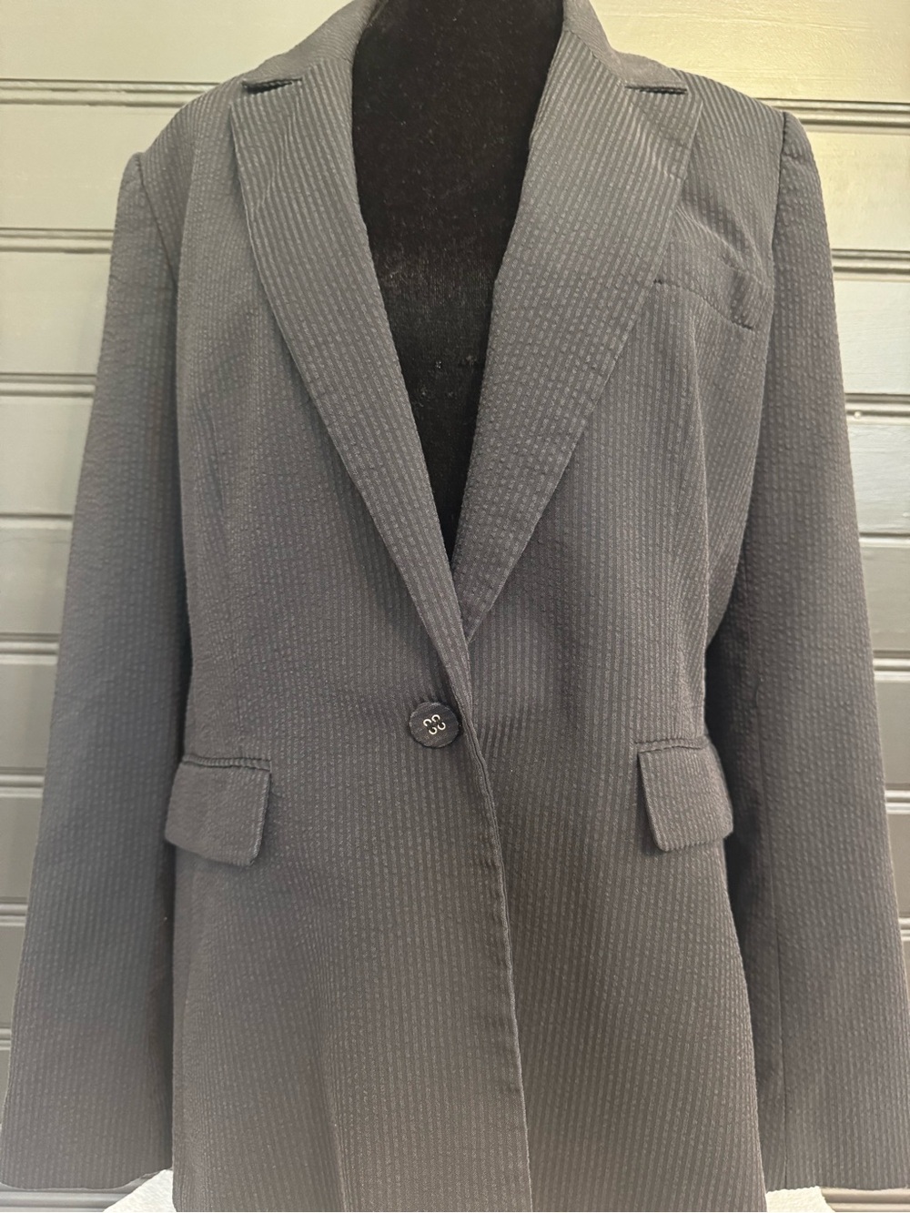 Nine West Navy Seersucker Women's Single-Button Blazer